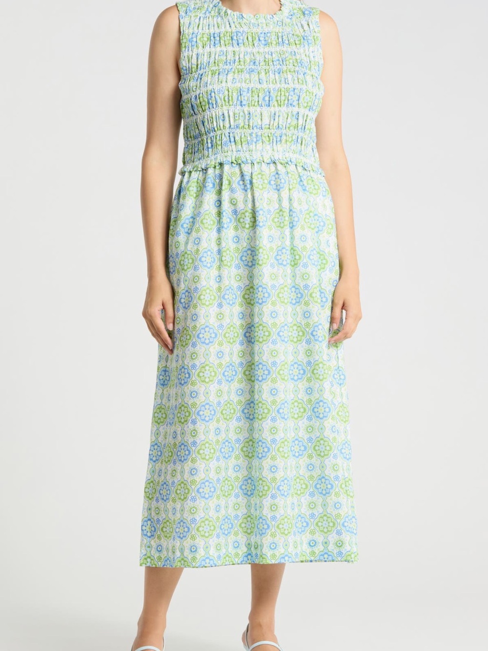 J McLaughlin Ciri Smocked Sleeveless Midi Dress in Blue and Green